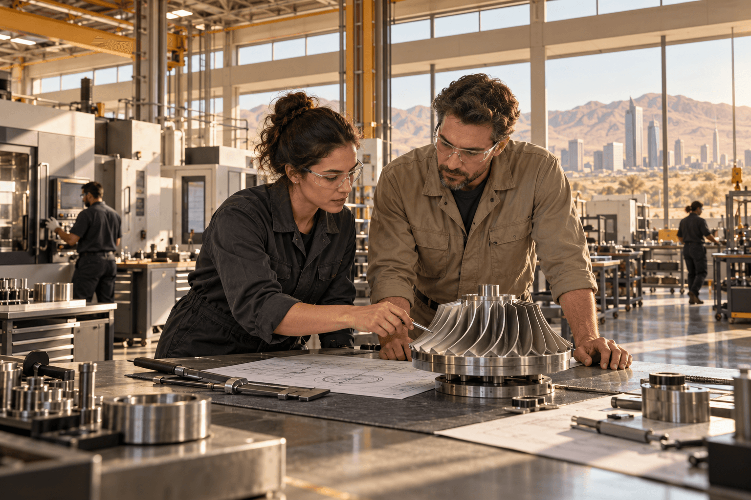 Two technicians examining a precision turbine component together in a sunlit modern workshop overlooking a desert city.