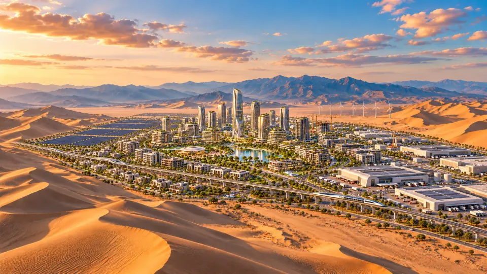 A modern desert city with factories, solar fields, wind turbines, and green streets