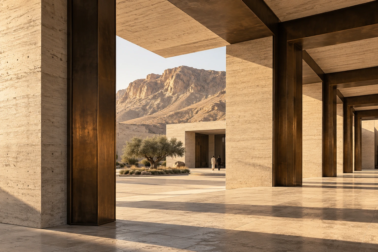 An architectural study of solid concrete and bronze structural frames opening onto a sunlit desert courtyard.