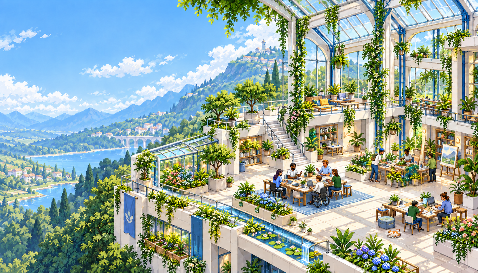 A sunlit garden workspace where people collaborate in an open glass pavilion