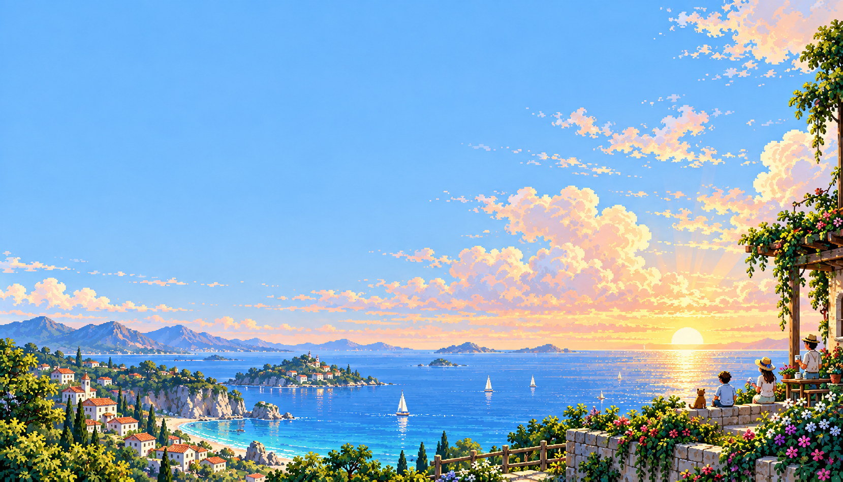 An expansive sunrise sky above a calm coast, with warm light reaching a small community