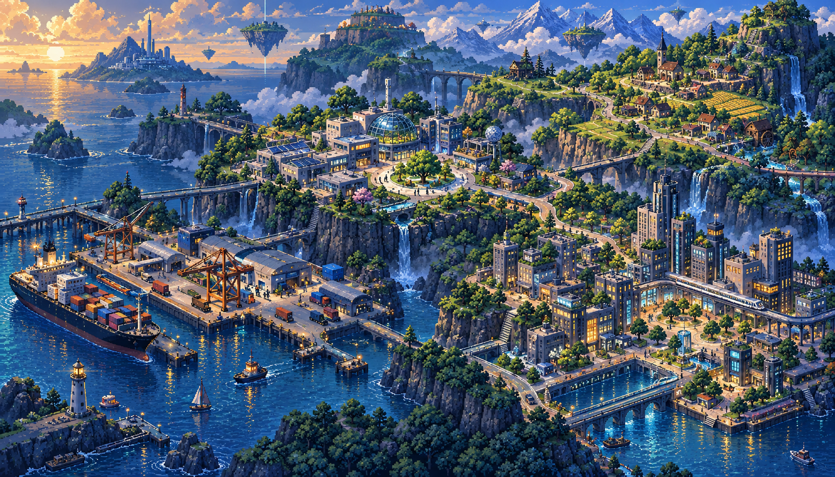An isometric pixel-art world connecting a freight harbor, a city, a workshop campus, and a hillside village